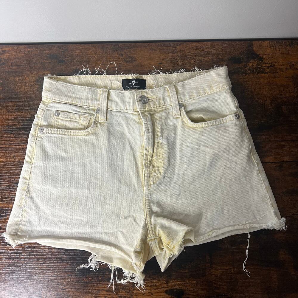 7 For All Mankind High Waisted Jean Shorts Size 26 Yellow Raw Hem 5 Pockets Boho